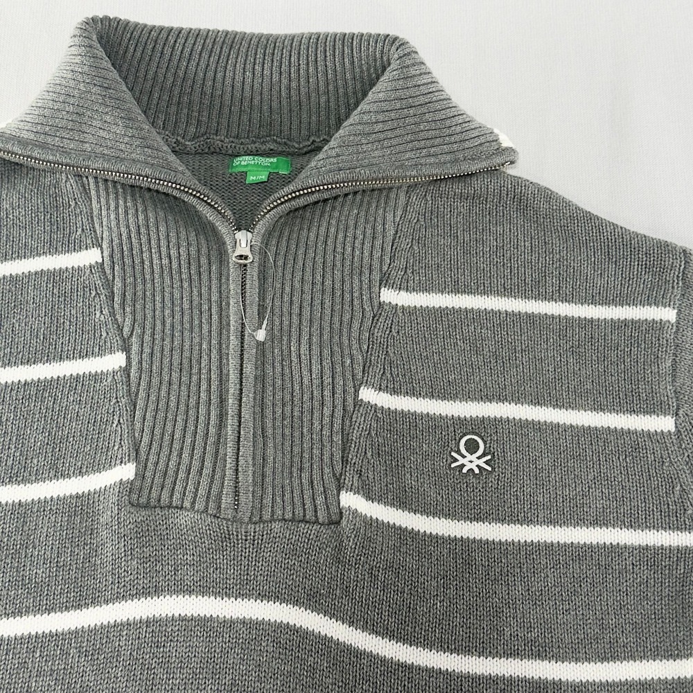 United Colors of Benetton Gray Striped Quarter Zip Cotton Knit Sweater - Picture 9 of 12